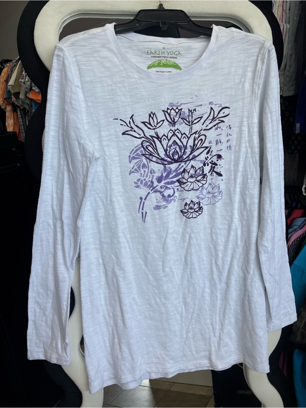 Earth Yoga White Long-Sleeve Tee with Purple Lotus Print